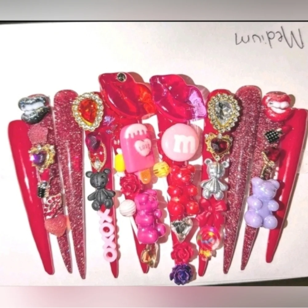 Red and Pink Decorative 4xl Acrylic Press On Nail Set Sz Medium